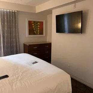 Wall mounted TV, storage in the bedroom