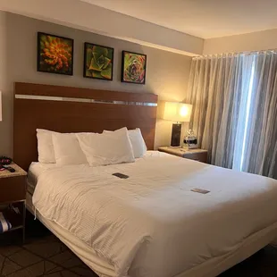 Bedroom with huge and comfortable bed, wall mounted TV and storage cabinet