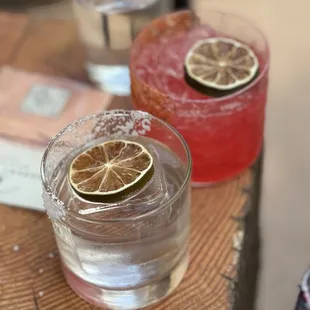 Square cubes, round limes, mezcal. The &quot;clear&quot; marg in the foreground.