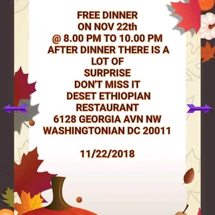 Free Dinner For Thanksgiving #Deset Ethiopian Restaurant Dc  All of you are invited!