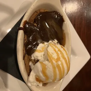 Warm cookie with ice cream.