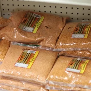 a display of rice in a store