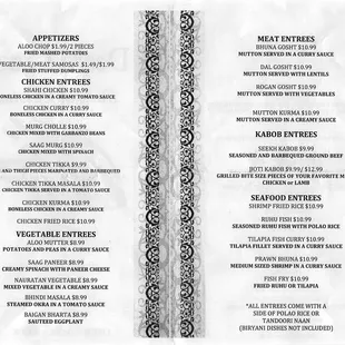 the menu of the restaurant