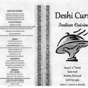 menu for indian cuisine