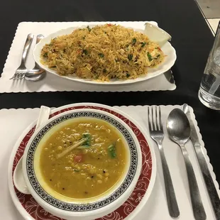 Lentil soup, and chicken biryani (large)