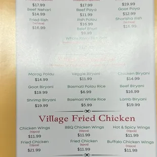 the menu for the delhi village special