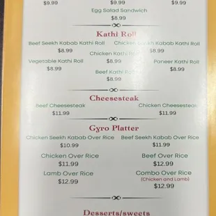 a menu for fast food