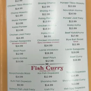 menu for curry special