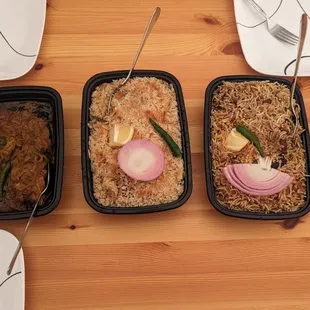Chicken biriyani, goat biriyani, rui fish, okra