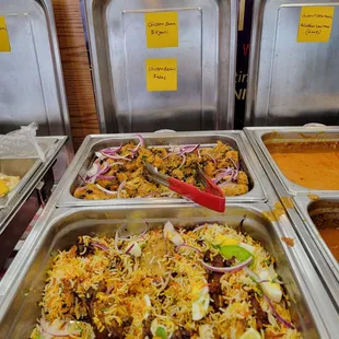 Indian Buffet Chicken Dum Biryani, tender Chicken Reshmi Kebab
