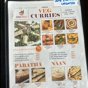 Menu: Vegetarian Curries, Paratha and Naan