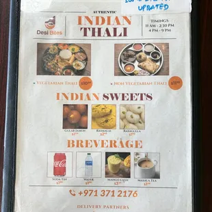 Menu: Indian Thali, Sweets and drinks
