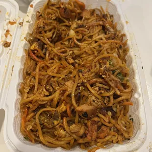 Chicken Hakka Noodles, as red in real life as it looks in this photo
