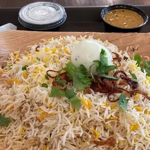 Mutton Biryani. I wish the egg is a little fired. Taste great.. you control the spice with the sauce which is great
