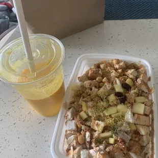 Chicken chaat and mango lassi - tangy, spicy, savory and refreshing!