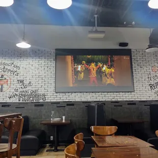 a large screen in a restaurant