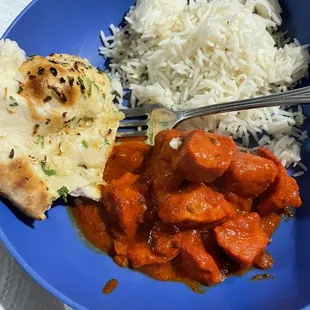 Chicken Vindaloo, and Garlic Naan (brought home)