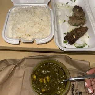 Palak Paneer, Beef Seekh Kabab, Plain Basmati Rice