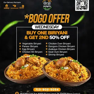 Double the delight, double the flavor! Enjoy our BOGO offer: Buy One Biryani, Get One FREE! Treat yourself and a loved one to an unforgettab