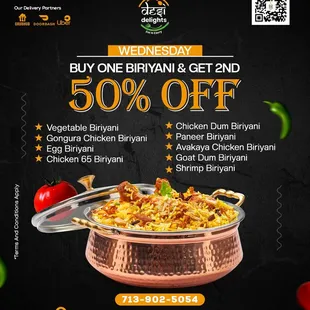 Wednesdays just got twice as nice!  Enjoy our BOGO Special - Buy One Biriyani and get the 2nd at 50% off. It&apos;s a midweek treat for all bir
