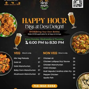 Happy Hour, Happy Vibes!  Join us for a delightful Happy Hour experience at Desi Delights, where you bring the bottle and we&apos;ll bring the