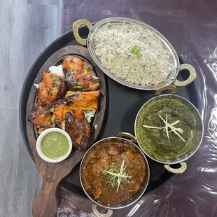 Tandoori chicken ,rice,palak kofta,chicken tikka masala