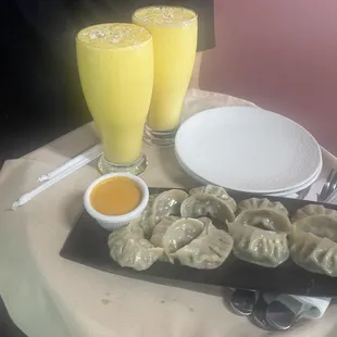 Chicken dumplings with mango shake