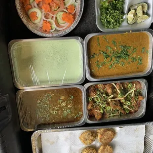 Shami kabob, Nihari, Chicken Karahi, salad, raita, Haleem, Haleem garnish
