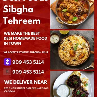 Desi Food, Chicken Biryani, Kabob, Chicken Karahi, chicken Korma, Beef Biryani