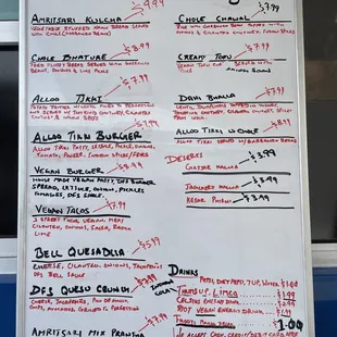 a menu on a white board