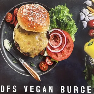 Vegan burger made with our in house recipe Vegan patty.