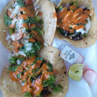 In the photo is the vegan taco (lower left), chunks of soy taco (upper left) and cauliflower taco (upper right).