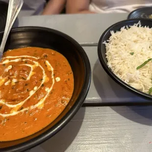 Desi Galli chicken tikka masala and basmati rice.