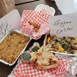 Chicken Briyani, Afghani chicken, samosas,garlic naan!