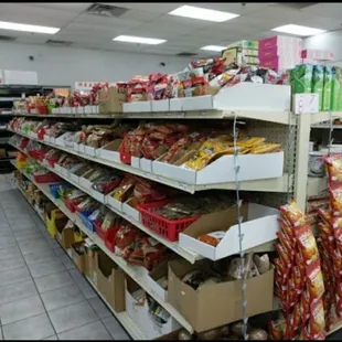 shelves of food in a grocery store