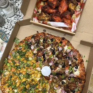 Chicken Curry and Combination Pizza. Tandoori and Achari Flavored wings.