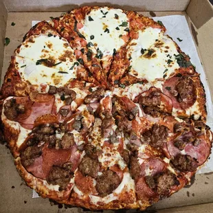 Half all meat and half Margherita pizza