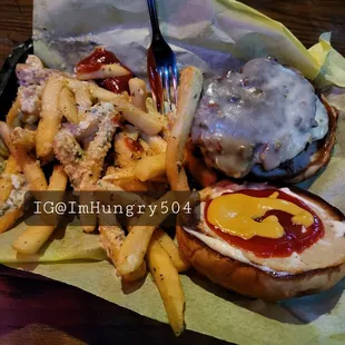 Desi burger with pepperjack cheese and garlic fries.