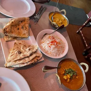 Chicken Dhansak, Lamb Korma, Naan Bread, Tandoori Roti