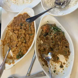 three bowls of food on a table