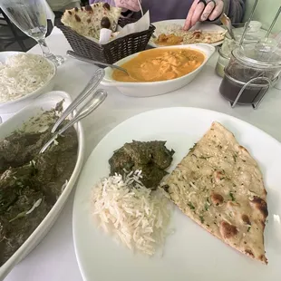 Lamb Saag, Vegetable Korma, Garlic Naan, Rice.