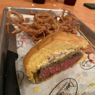 &quot;medium&quot; Soprano burger with side onion rings. Very good. Onion rings were amazing.