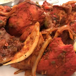 Mixed Tandoori Grill.  Was served mostly chicken, 1 piece of fish, 1 shrimp.  Nice spice, but I expected more meat variety.
