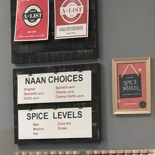 Different types of naan and the spice levels.