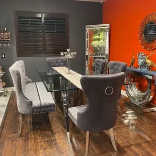 Dining room: dining table, chairs, console table, and curio