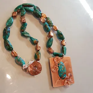 Fox mine Turquoise necklace with Ray mine pendant on copper by Gale Thomssen