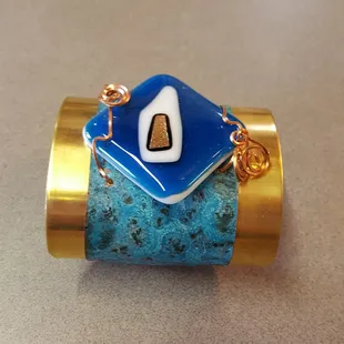 Brass, fused glass and patina copper cuff