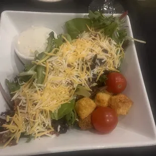 House salad with blue cheese dressing and homemade croutons