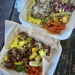 (Top) Kalonji Kale Keema Plate; Chicken Tikka Mole