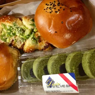 Green onion bun, bacon &amp; cheese bun and green tea roll w/red bean. (From: Desir Bakery @ Houston, TX